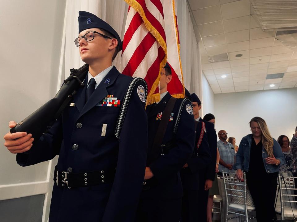 Members of the Satellite Beach High School ROTC present the colors at the 11th Annual Space Coast Prayer Breakfast.