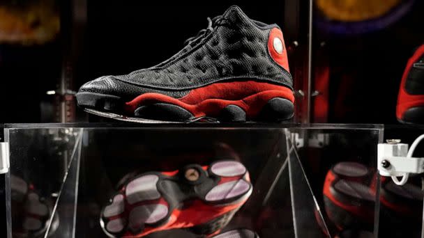 PHOTO: Michael Jordans 1998 NBA Finals Air Jordan XIIIs sneakers are displayed during in New York, April 6, 2023, at Sothebys for the upcoming auction of sports artifacts. (Timothy A. Clary/AFP via Getty Images)