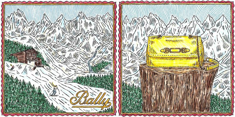 英國插畫家Fee greening替BALLY繪製專屬創作，以1851金屬配飾馬銜扣搭配皚皚白雪，傳達童話感的溫馨祝福。（美之心提供）