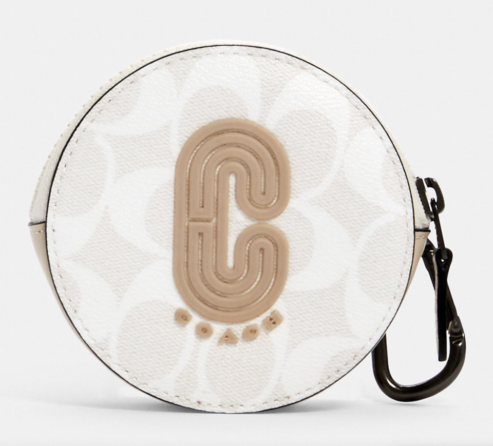 white and beige coach outlet Round Hybrid Pouch in Signature Canvas with Coach Patch 
