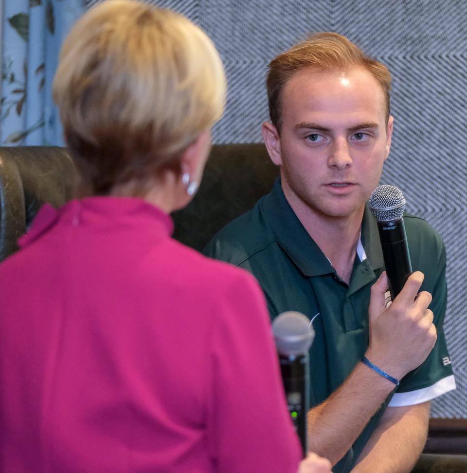 Steven Izzo, Michigan State University graduate student, speaks about his experience of being on campus during the February 13, 2023 mass shooting at Michigan State to WiLX TV anchor Ann Emmerich and attendees of the Fall focus Health Awareness Symposium : Gun Violence Voices on Tuesday, Oct. 10, 2023.