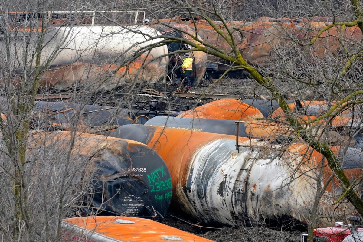 The cleanup of portions of a Norfolk Southern freight train that derailed Feb. 3, in East Palestine, Ohio, continues. (Associated Press)