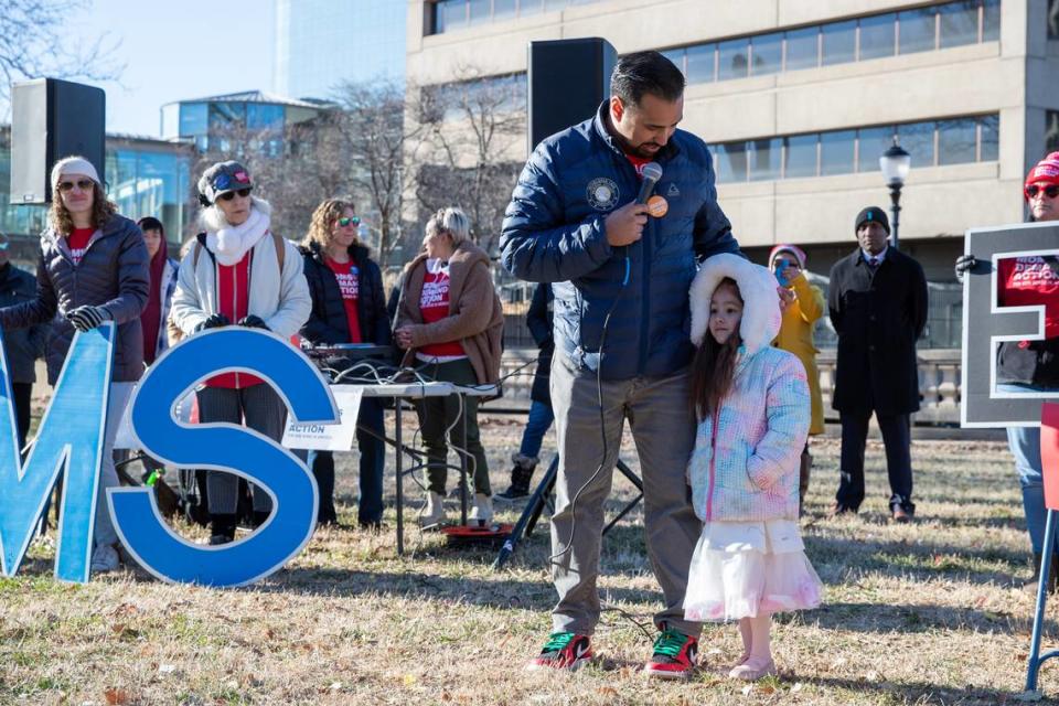 First District Legislator of Jackson County Manuel Abarca IV speaks during the Kansas City Rally to End Gun Violence on Saturday at Washington Square Park. Abarca shared his experience during the shooting at the Kansas City Chiefs Super Bowl Rally.