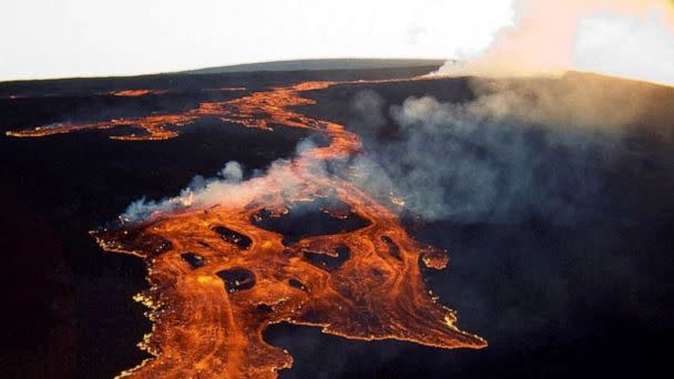 PHOTO: This aerial image released by the U.S. Geological Survey on Nov. 28, 2022, courtesy of the National Weather Service, shows the lava in the summit caldera of Mauna Loa in Hawaii, which is erupting for the first time in nearly 40 years. (Handout/U.S. Geological Survey/AFP via Getty Images)