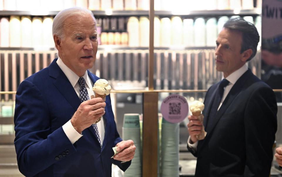 Joe Biden was questioned about a ceasefire while eating ice cream with Seth Meyers (AFP via Getty Images)