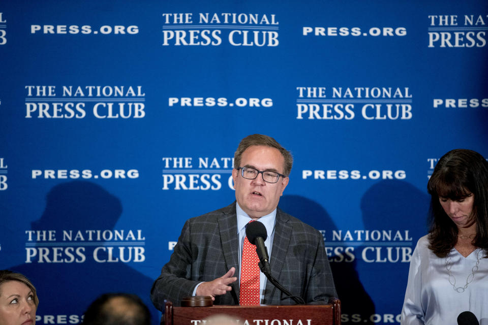 Environmental Protection Agency Administrator Andrew Wheeler responds to a question from the audience at the National Press Club in Washington, Monday, June 3, 2019. The Food and Drug Administration's first broad testing of food for a worrisome class of nonstick, stain-resistant industrial compounds found high levels in some grocery store meats and seafood and in off-the-shelf chocolate cake. (AP Photo/Andrew Harnik)