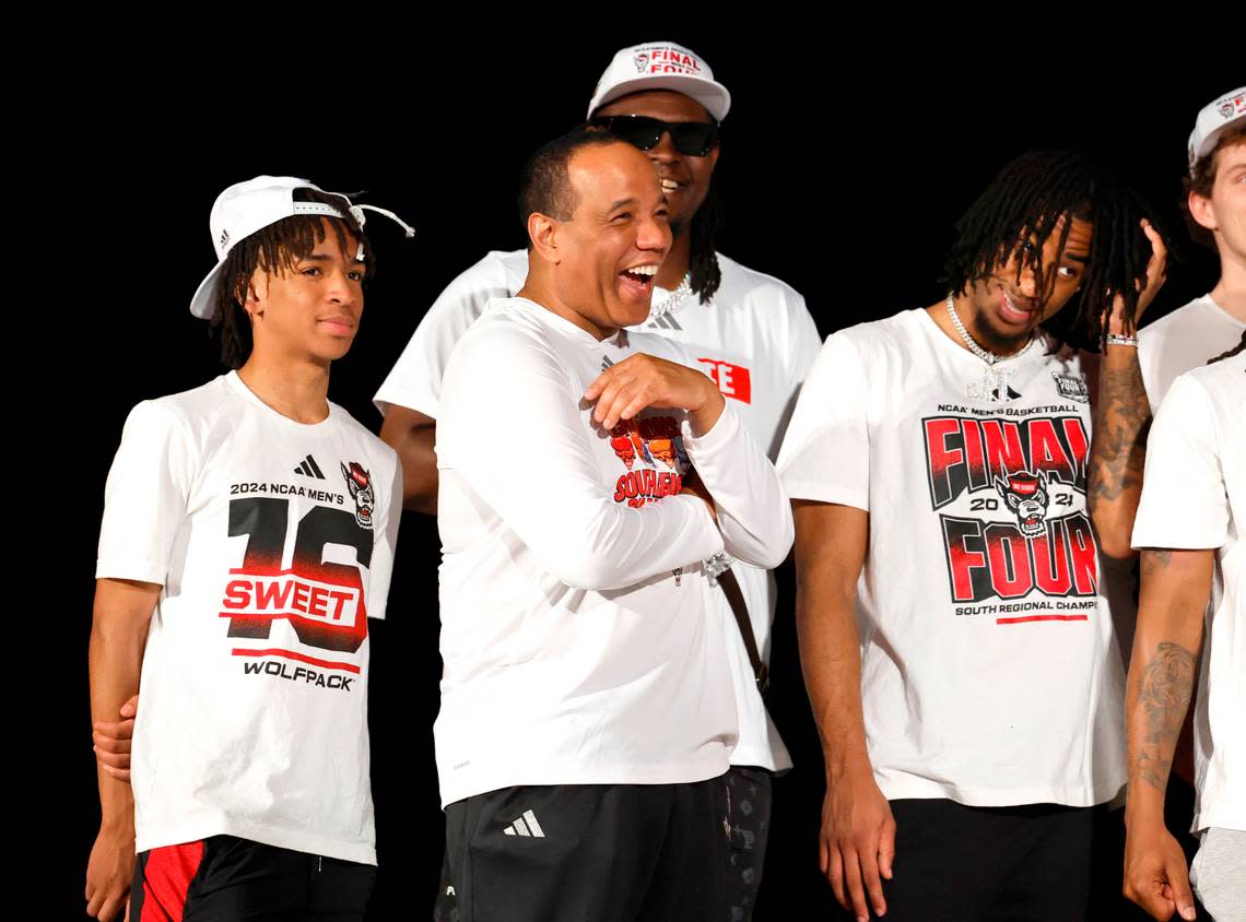 N.C. State head coach Kevin Keatts laughs during a celebration for the N.C. State men’s and women’s basketball team at the Memorial Belltower in Raleigh, N.C., Monday, April 15, 2024. Both teams made it to the NCAA Tournament Final Four and the men’s team won the ACC Championship by winning five games in five days.