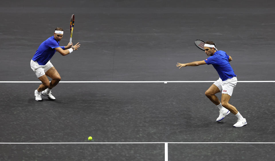 Rafael Nadal and Roger Federer of Team Europe during the doubles match between Jack Sock and Frances Tiafoe of Team World and Roger Federer and Rafael Nadal of Team Europe during Day One of the Laver Cup at The O2 Arena on September 23, 2022 in London, England.