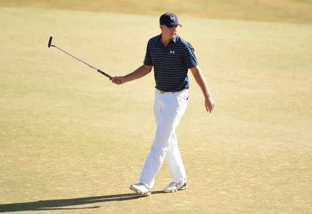 Jun 21, 2015; University Place, WA, USA; Jordan Spieth reacts after a putt on the 11th green in the final round of the 2015 U.S. Open golf tournament at Chambers Bay. Mandatory Credit: John David Mercer-USA TODAY Sports