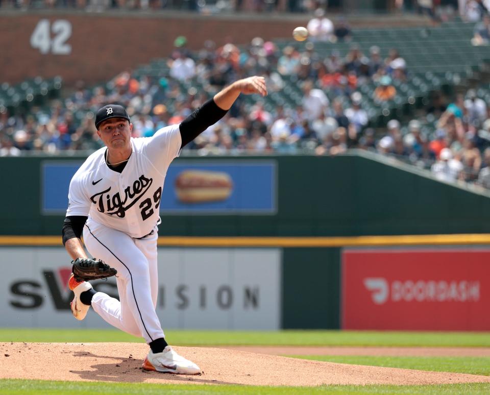 Detroit Tigers starting pitcher Tarik Skubal throws the first pitch during game action on Fiesta Tigres at Comerica Park in Detroit against the Tampa Bay Rays on Saturday, Aug. 5, 2023.