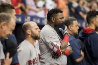 <p>David Ortiz #34 of the Boston Red Sox reacts during a moment of silence in honor of deceased Miami Marlins pitcher Jose Fernandez before a game against the Tampa Bay Rays on September 25, 2016 at Tropicana Field in St. Petersburg, Florida. (Photo by Michael Ivins/Boston Red Sox/Getty Images) </p>