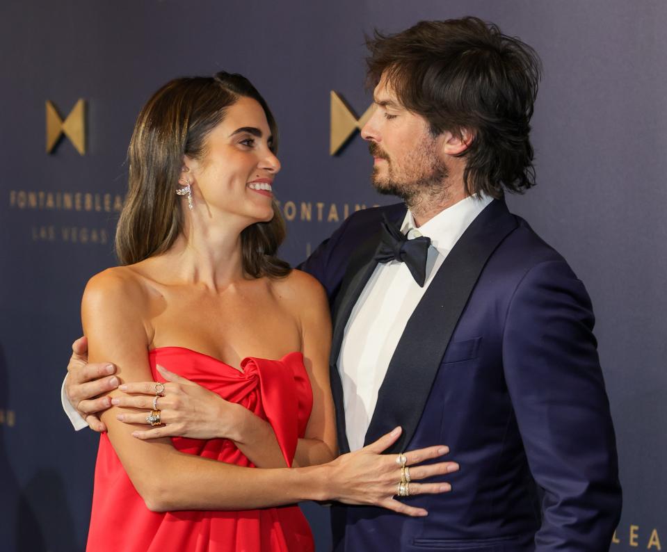 Nikki Reed and Ian Somerhalder, right, attend the grand opening of Fontainebleau Las Vegas on Dec. 13, 2023.