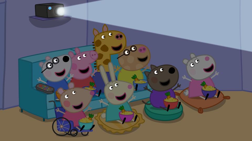 Peppa Pig and friends watch a movie.