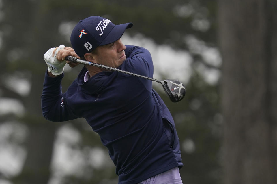 Justin Thomas hits from the 15th tee during practice for the PGA Championship golf tournament at TPC Harding Park in San Francisco, Tuesday, Aug. 4, 2020. (AP Photo/Jeff Chiu)