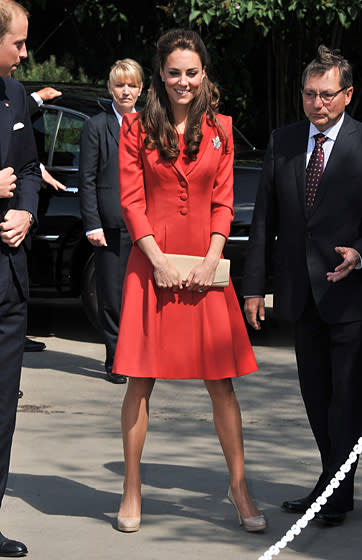 <div class="caption-credit"> Photo by: Getty Images</div><div class="caption-title">Catherine Middleton wears Catherine Walker and L.K. Bennett to visit Calgary Zoo, July 2011</div>Catherine Walker is one of Britain's leading couture fashion designers known for dressing the late Princess Diana. Middleton's mother Carole wore a Catherine Walker dress and coat to the royal wedding. Here we see the Duchess in a vibrant red coat with her famous L.K. Bennett Sledge pumps (they're currently available for $325 at <a rel="nofollow noopener" href="http://shop.nordstrom.com/s/l-k-bennett-sledge-pump/3289463?origin=keywordsearch&resultback=400&cm_ven=Linkshare&cm_cat=partner&cm_pla=10&cm_ite=1&siteId=T.L_j1OJQXY-jjWtltlqMvPVgKlyrrhIbw" target="_blank" data-ylk="slk:Nordstrom.com;elm:context_link;itc:0;sec:content-canvas" class="link ">Nordstrom.com</a>). <br>