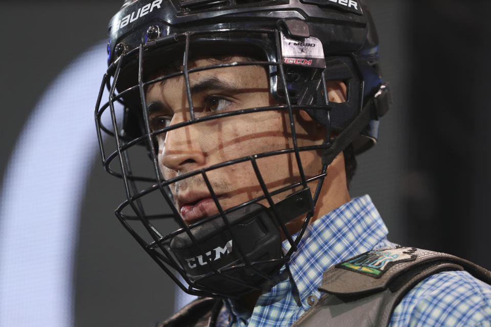 This photo provided courtesy of the PBR/Bull Stock Media, shows bull rider Amadeu Campos Silva during the 2020 Monster Energy Team Challenge in Las Vegas. The Brazilian bull rider was killed Sunday, Aug. 29, 2021, when his spur got caught in a rope, pulling him under the bull, and the animal stepped on his chest in California, according to the Professional Bull Riders touring group. Silva, 22, was competing at a bull-riding Velocity Tour event at the Save Mart Center in Fresno, said Andrew Giangola, a spokesperson for Professional Bull Riders. He was pronounced dead at a hospital. (Andy Watson/Courtesy PBR/Bull Stock Media via AP)
