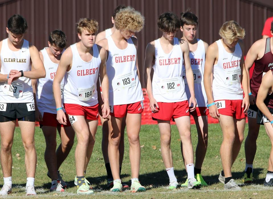 Members of the Gilbert boys team is ready to start the 3A race at the state co-ed cross country meet Saturday at the Lakeside Municipal Golf Course at Kennedy Park in Fort Dodge. The Tigers ended up placing seventh as a team.