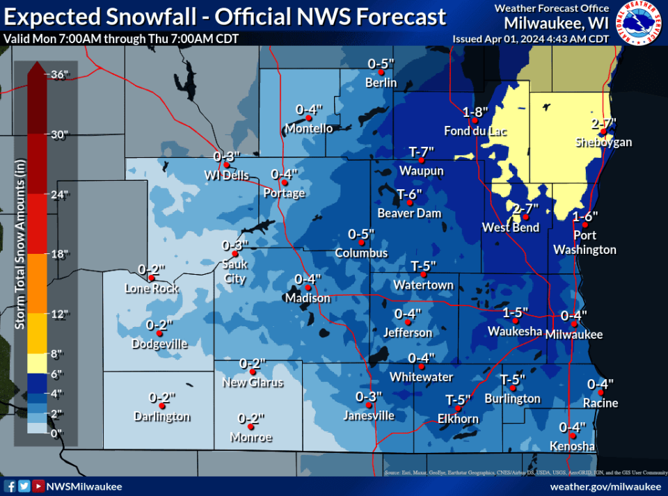 The Milwaukee National Weather Service's snowfall forecast from April 1.