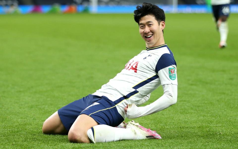 Son Heung-Min of Tottenham Hotspur celebrates after scoring their team's second goal during the Carabao Cup Semi Final between Tottenham Hotspur and Brentford at Tottenham Hotspur Stadium on January 05, 2021 in London, England - GETTY IMAGES