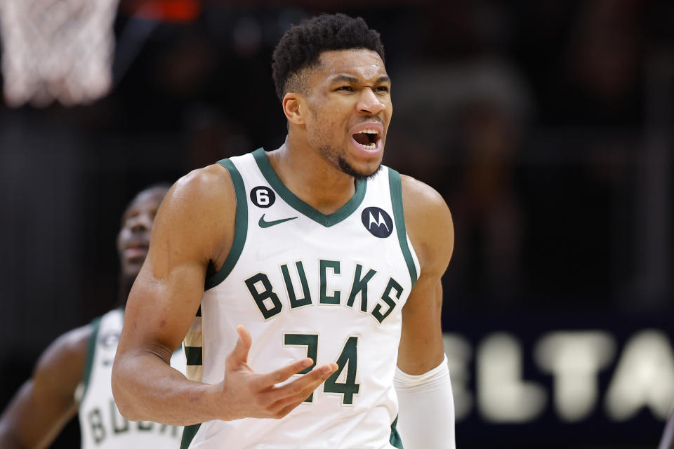 ATLANTA, GA - JANUARY 11: Giannis Antetokounmpo #34 of the Milwaukee Bucks reacts during the second half against the Atlanta Hawks at State Farm Arena on January 11, 2023 in Atlanta, Georgia.  NOTE TO USER: User expressly acknowledges and agrees that, by downloading and or using this photograph, User is consenting to the terms and conditions of the Getty Images License Agreement. (Photo by Todd Kirkland/Getty Images)