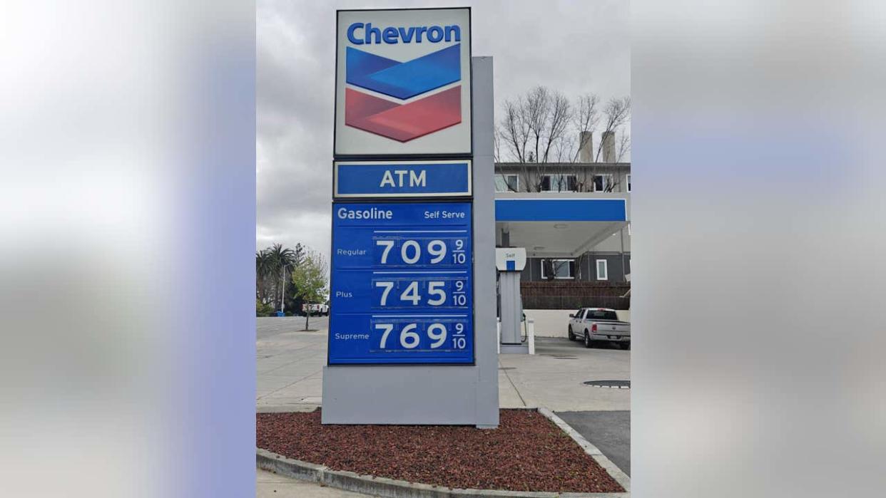 <div>A gallon of regular unleaded at the Chevron on Alameda de las Pulgas in Menlo Park, Calif., hit $7.09 on Tuesday, April 23, 2024.</div> <strong>(Sam Valero / Menlo Park Barber Shop)</strong>