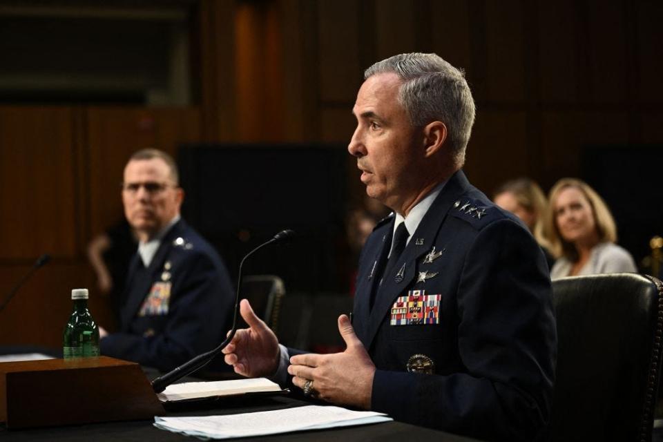 Air Force Lieutenant General Gregory Guillot (left) and US Space Force Lieutenant General Stephen Whiting (right) on July 26, 2023.