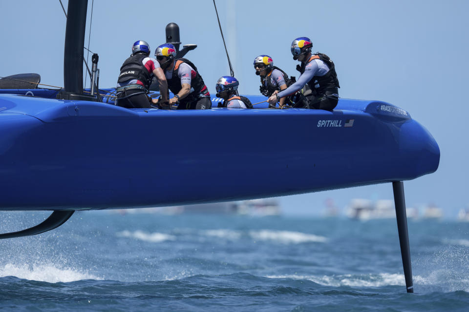 In this photo provided by SailGP, United States' SailGP Team, helmed by Jimmy Spithill, competes on Race Day 2 of a Bermuda SailGP sailing event in Bermuda, Sunday, May 15, 2022. (Bob Martin/SailGP via AP)