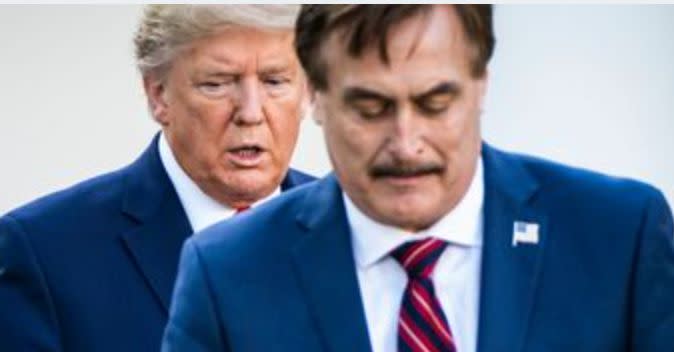 Donald Trump and Mike Lindell at the White House in March. (The Washington Post via Getty Images)