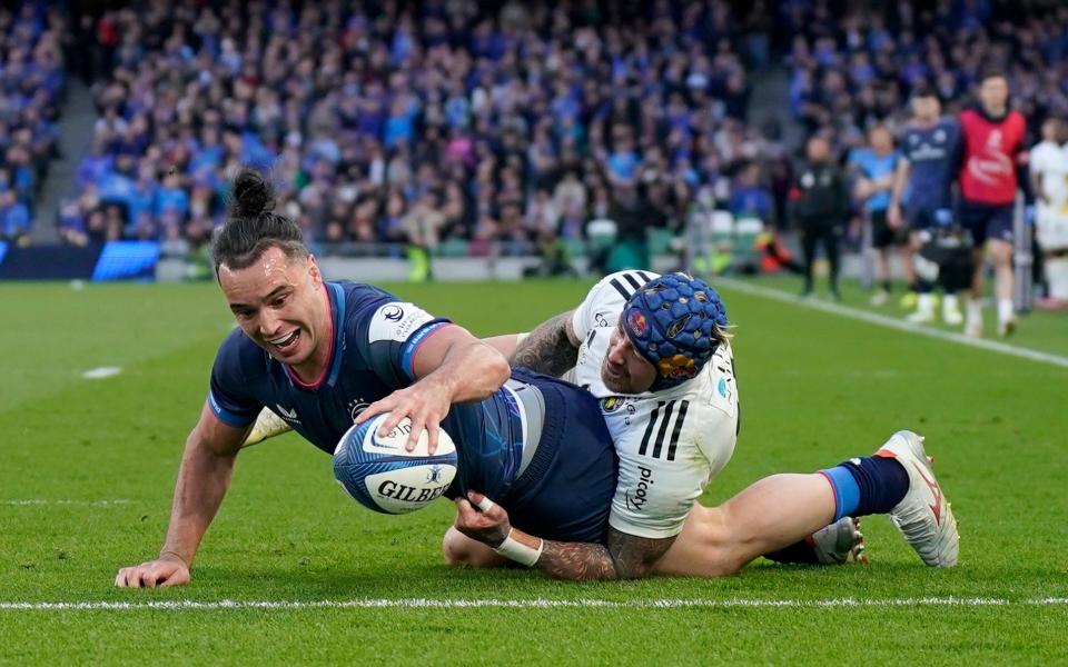 Leinster's James Lowe scores a try during the Investec Champions Cup quarter-final match at the Aviva Stadium, Dublin