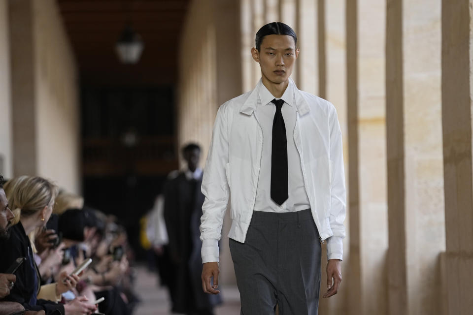 A model wears a creation for Givenchy Menswear Spring/Summer 2024 fashion collection presented in Paris, Thursday, June 22, 2023. (AP Photo/Michel Euler)