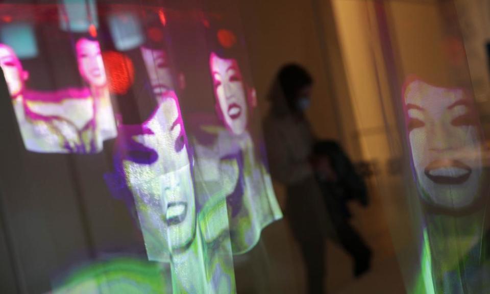 Video installation Us & Them projected on gauze, part of the Designs of the Year exhibition at the Design Museum.