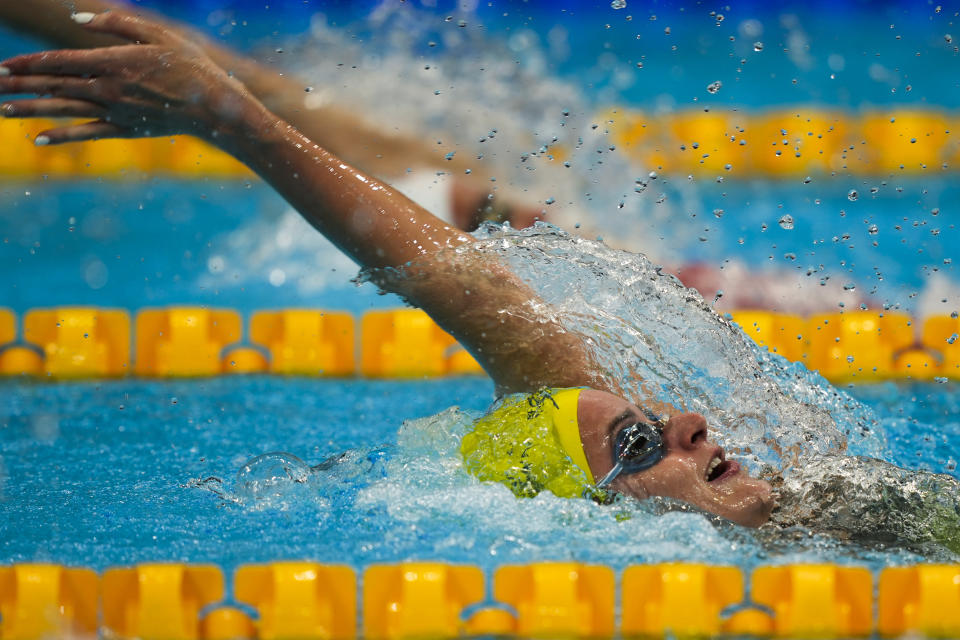 Kaylee McKeown, of Australia, swims in a heat of the women's 200-meter backstroke at the 2020 Summer Olympics, Thursday, July 29, 2021, in Tokyo, Japan. (AP Photo/Martin Meissner)