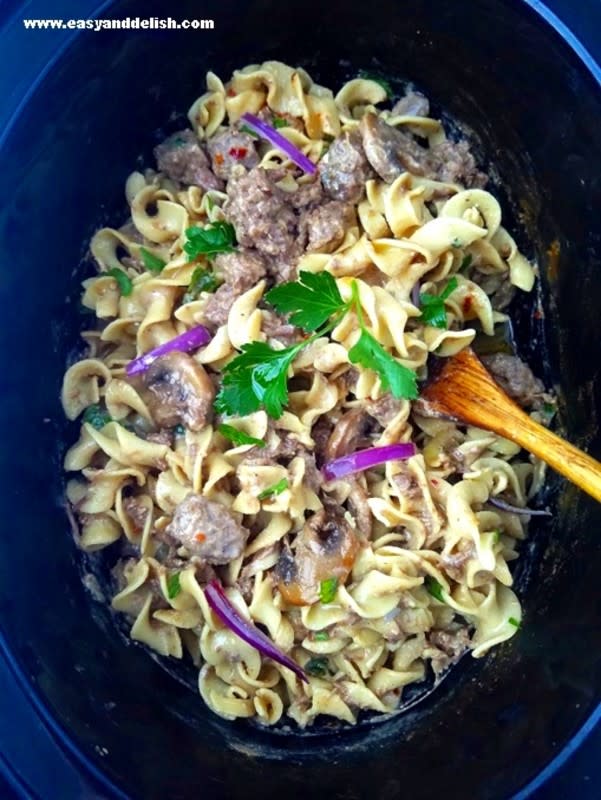 <p>Easy and Delish</p><p>A healthy version of the Russian classic, this beef stroganoff is conveniently prepared in the slow cooker with lean beef stew and non-fat Greek yogurt. The result is a leaner yet tender and super- flavorful stew. </p><p><strong>Get the Recipe: <a href="https://www.easyanddelish.com/slow-cooker-beef-stroganoff/" rel="nofollow noopener" target="_blank" data-ylk="slk:Slow Cooker Beef Stroganoff;elm:context_link;itc:0;sec:content-canvas" class="link ">Slow Cooker Beef Stroganoff</a></strong></p>