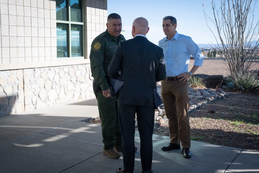 El Paso, Tx. (December 13, 2022) Homeland Security Secretary Alejandro Mayorkas visited the United States Border Patrol El Paso Station in El Paso, Texas. There he spoke to CBP employees alongside Border Patrol Chief Raul Ortiz and Dr. Kent Corso. (DHS photo by Sydney Phoenix)