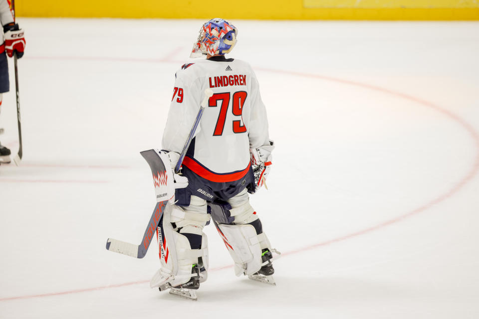 Washington Capitals goaltender Charlie Lindgren (79) skates off the ice after allowing a game-winning goal to Dallas Stars defenseman Thomas Harley (55) in overtime of an NHL hockey game, Saturday, Jan. 27, 2024, in Dallas. (AP Photo/Gareth Patterson)