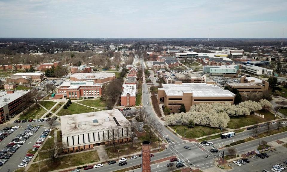 An aerial view of the part of North Carolina A&T University that was divided by the boundary line between districts six and 13.