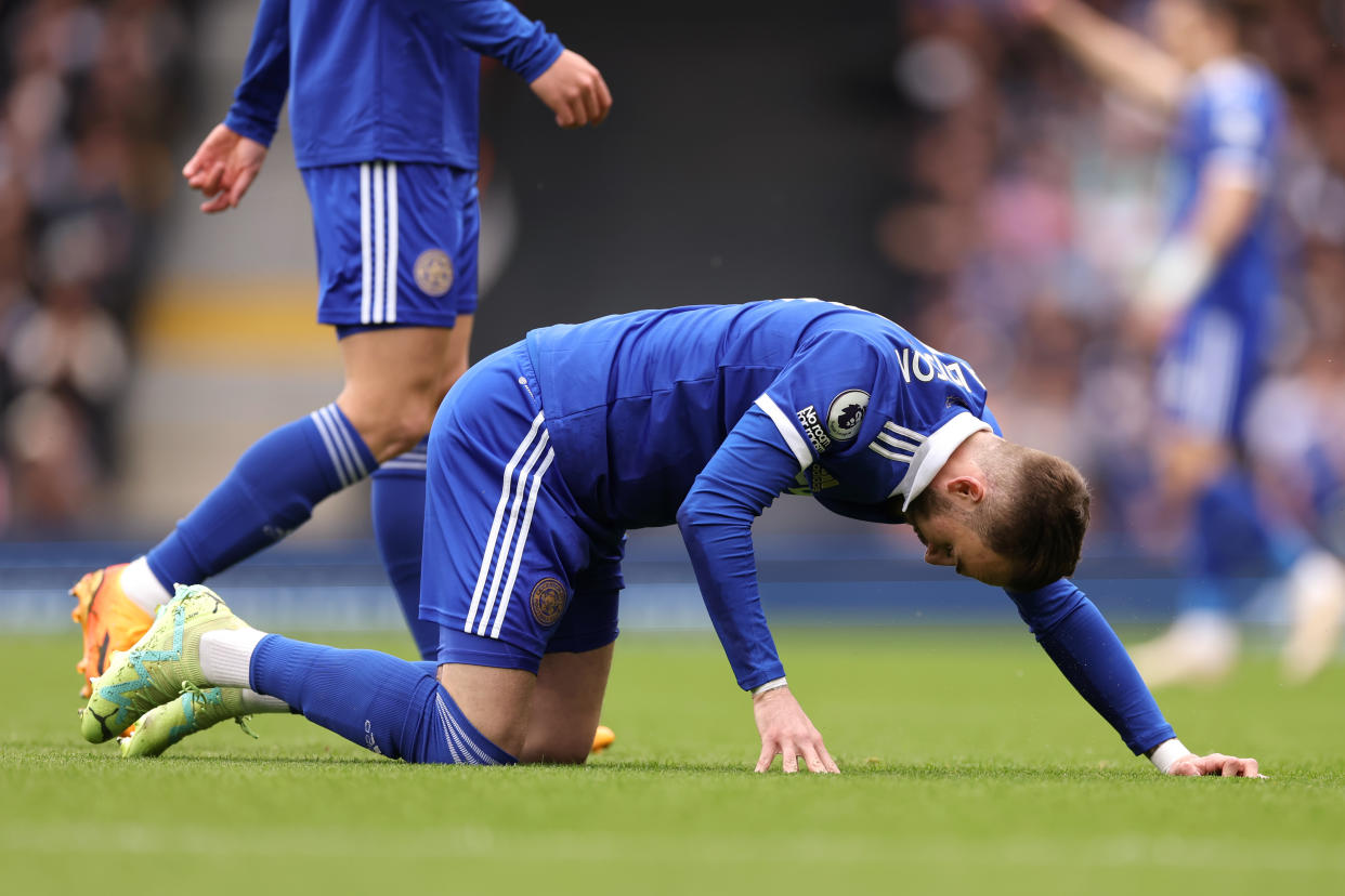 Leicester City's Jamie Vardy on his knees during the English Premier League match against Fulham. 