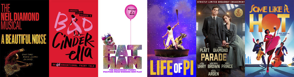 This combination of photos shows promotional art for, “A Beautiful Noise, The Neil Diamond Musical," from left, “Bad Cinderella," "Fat Ham," "Life of Pi," "Parade," and "Some Like it Hot." (DKC O+M/DKC O+M/Polk & Co./Polk & Co./DKC O+M/Polk & Co. via AP)