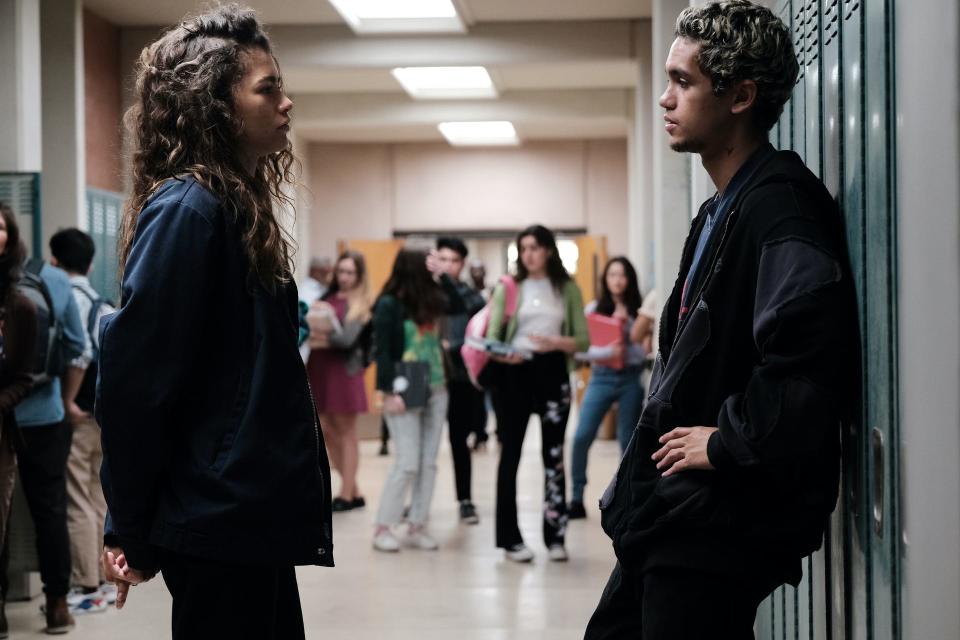 Rue (Zendaya, left) befriends classmate Elliot (Dominic Fike) in the new season of "Euphoria."