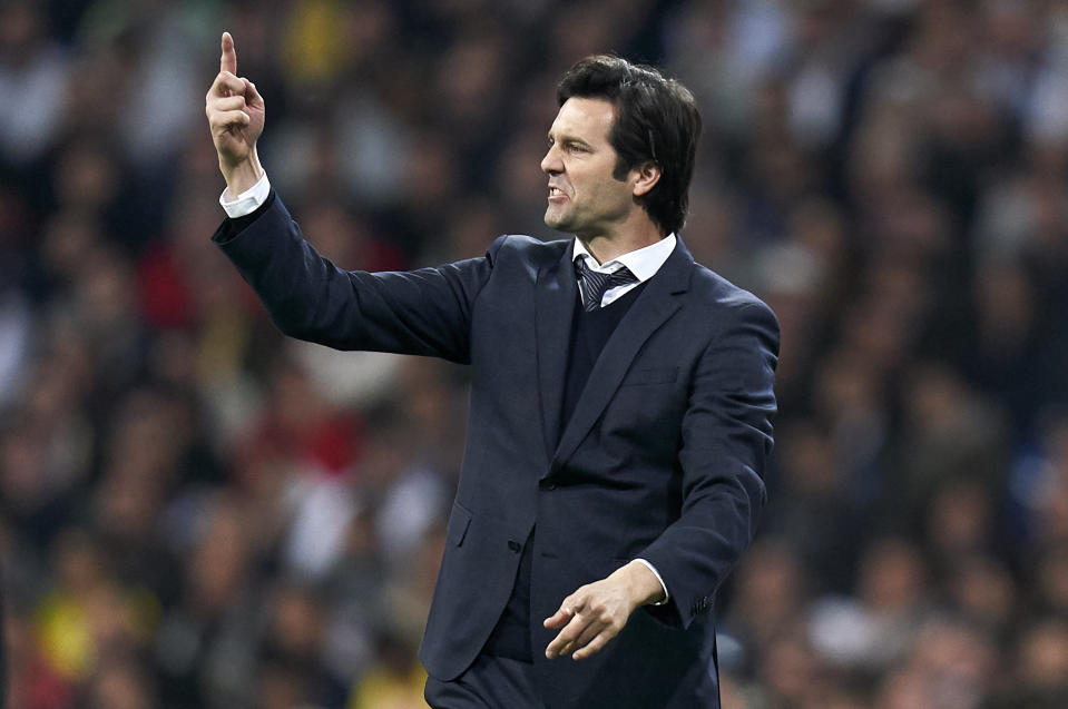 MADRID, SPAIN - FEBRUARY 27: Santiago Solari, Manager of Real Madrid reacts during the Copa del Rey Semi Final second leg match between Real Madrid and FC Barcelona at Santiago Bernabeu on February 27, 2019 in Madrid, Spain. (Photo by Quality Sport Images/Getty Images)