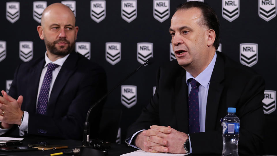 NRL CEO Todd Greenberg and ARLC Chairman Peter V'landys, pictured here addressing the media.