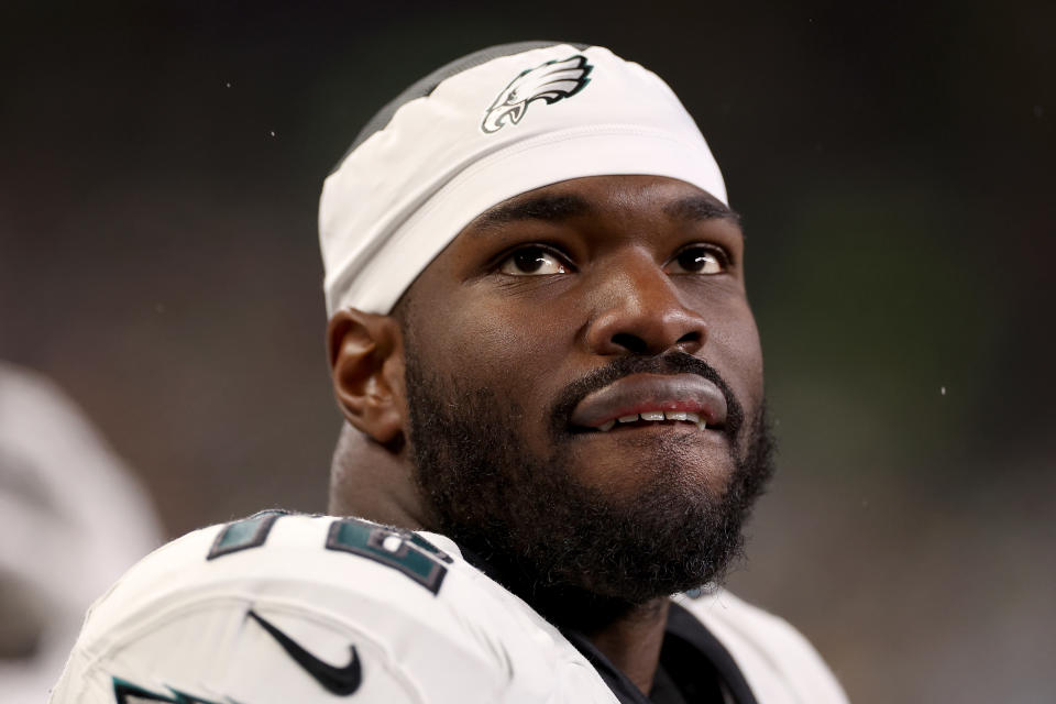 SEATTLE, WASHINGTON – DECEMBER 18: Moro Ojomo #72 of the Philadelphia Eagles looks on during the fourth quarter against the Seattle Seahawks at Lumen Field on December 18, 2023 in Seattle, Washington. (Photo by Steph Chambers/Getty Images)