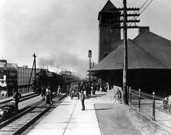 This undated photo shows the Michigan Central Railroad Station in Battle Creek, Mich. Built in 1888 and listed on the National Register of Historic Places, it was converted into Clara's on the River restaurant in 1992.