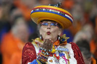 A fan blows a kiss prior the start of the international friendly soccer match between Germany and Netherlands at the Deutsche Bank Park in Frankfurt, Germany on Tuesday, March 26, 2024. (AP Photo/Martin Meissner)