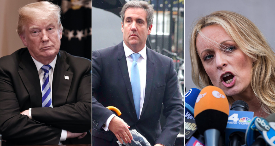 <em>Donald Trump’s financial disclosure shows that he reimbursed his personal lawyer (middle) for ‘expenses’ without mentioning Stormy Daniels (right) (Rex)</em>