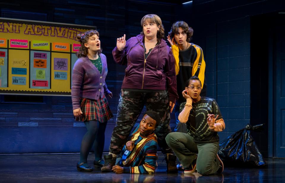 From left: Nina White, Bonnie Milligan, Fernell Hogan, Michael Iskander and Olivia Hardy in the original Broadway cast of “Kimberly Akimbo.”