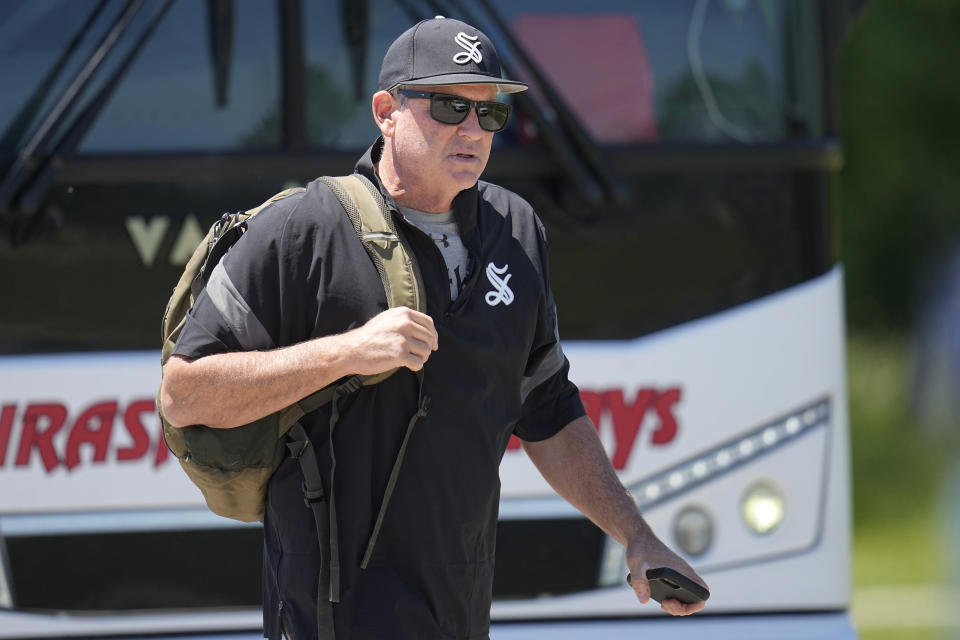 Birmingham-Southern head coach Jan Weisberg arrives for practice Thursday, May 30, 2024, in Kirtland, Ohio. Birmingham-On Friday, the Panthers will continue an unexpected, uplifting season that has captured hearts across the country by playing in the Division III World Series on the same day the liberal arts college founded on the eve of the Civil War shuts its doors. (AP Photo/Sue Ogrocki)