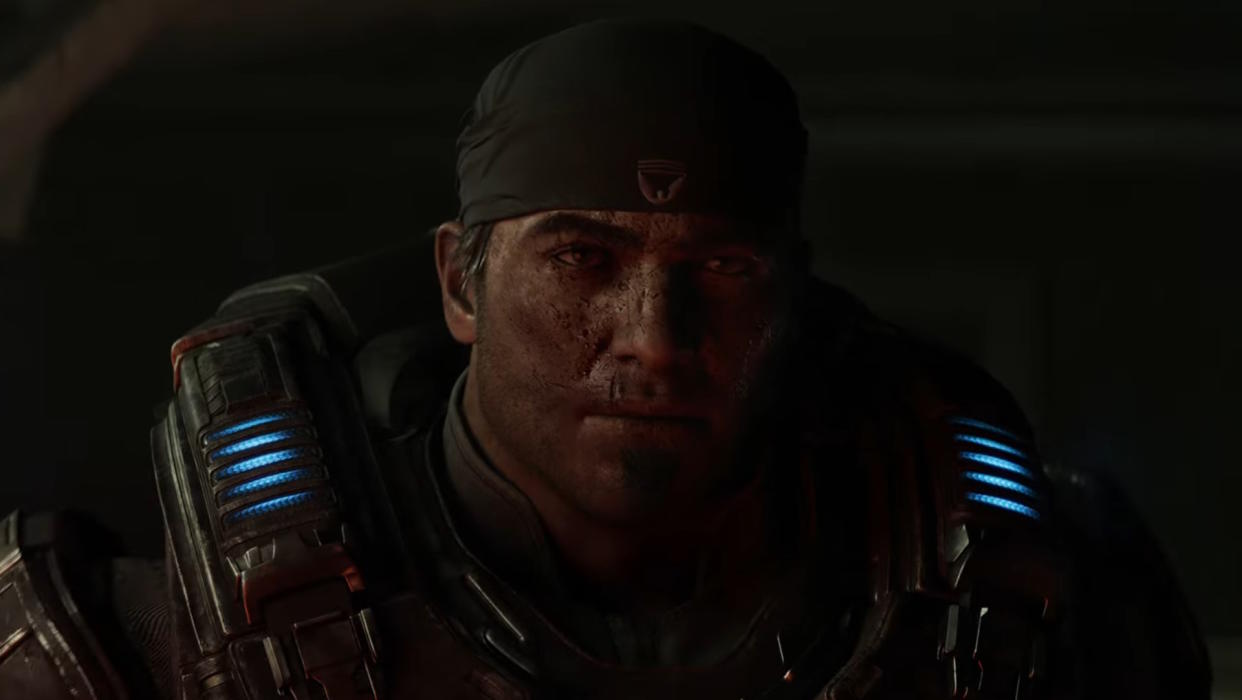  Gears of War: E-Day trailer still - closeup of Marcus Fenix. 