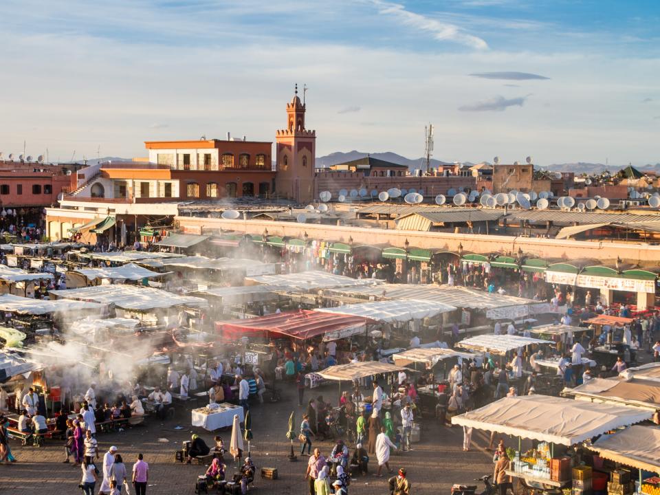 Jamaa el Fna market square, Marrakesh, Morocco, "luxury hotels around the world that start at $150 a night."