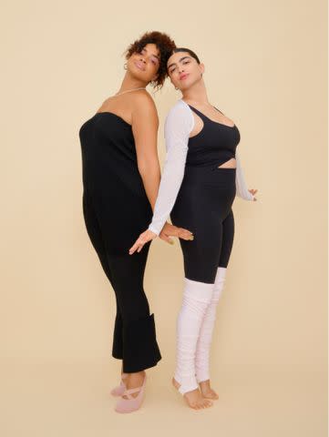 <p>Ruo Bing Li</p> Left: Issey Miyake jumpsuit. Alo socks. Lottie necklace. Vintage earrings. Right: Girlfriend Collective unitard. Alo shrug and leg warmers. Lottie earrings.